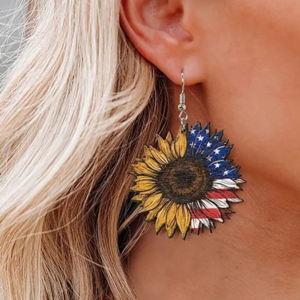 Patriotic Sunflower Dangle Earrings USA Flag 250th